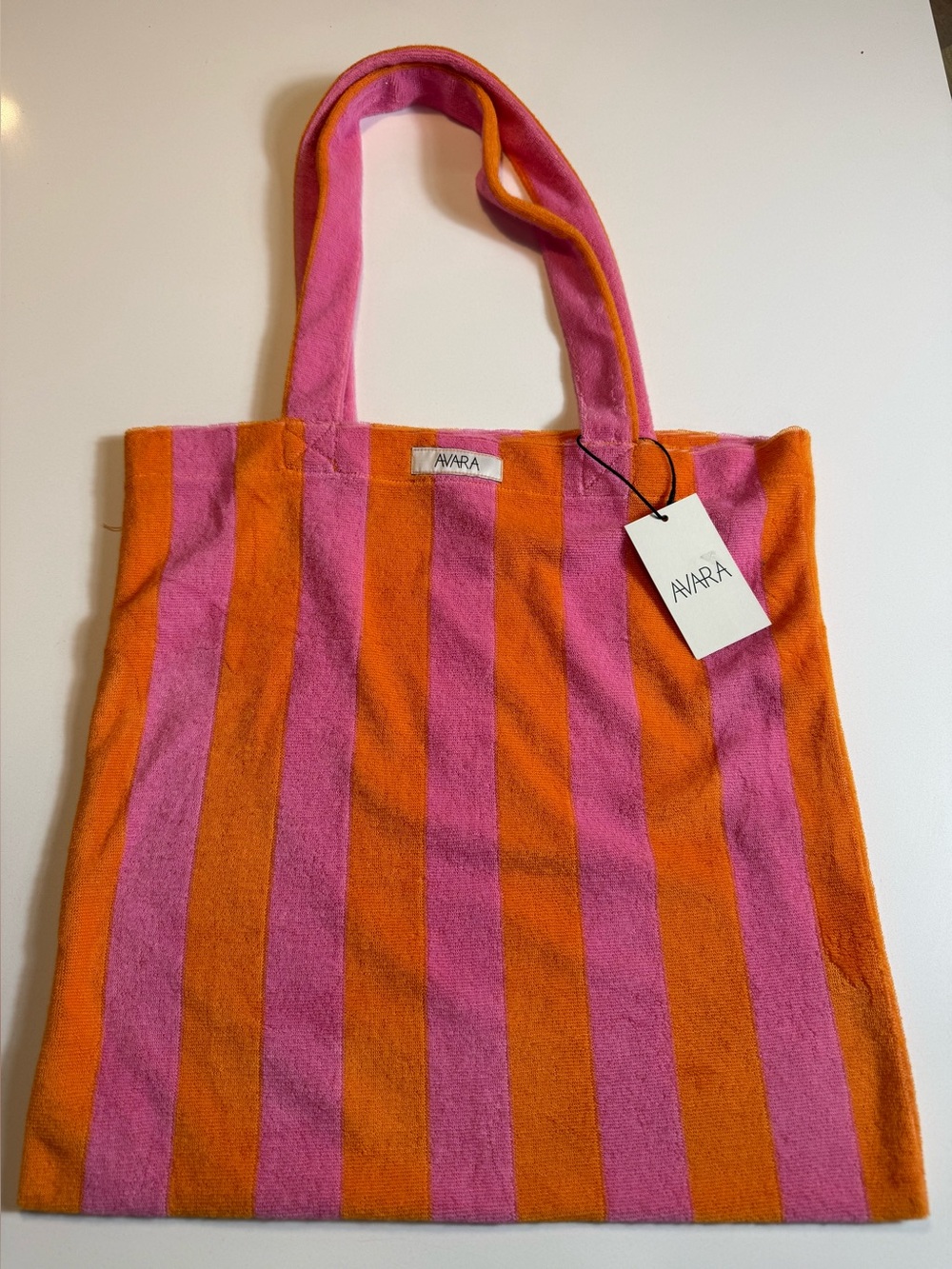 NWT Avara Pink Orange Striped Terry Cloth Beach Tote Bag Pool,Vacation,Carryall